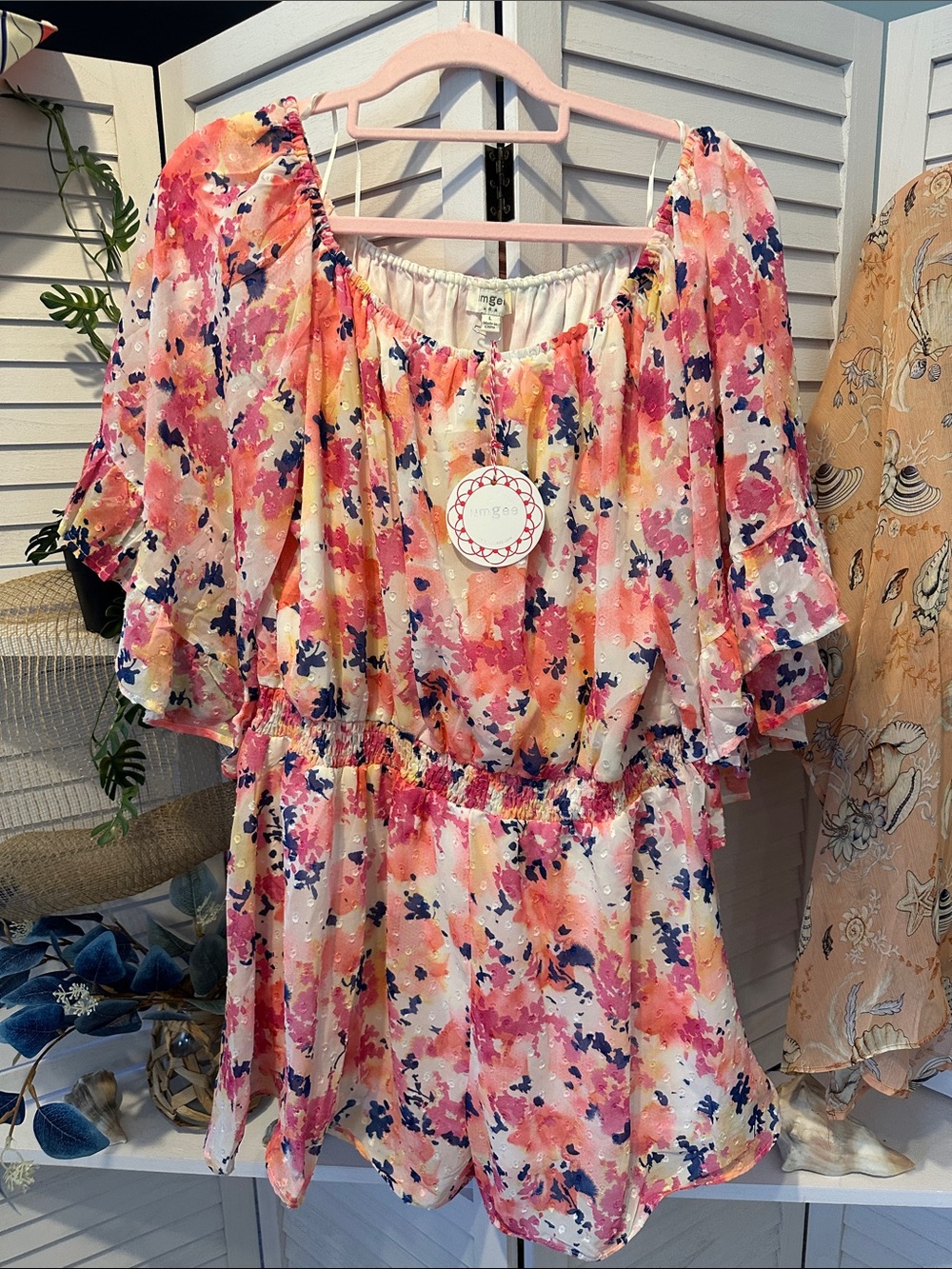 Umgee  Pink Multi Floral Off-Shoulder or on fully lined romper